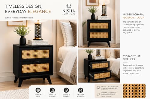 Image of Bedside Table for Bedroom, Hotels | Wooden Bed Side Nightstand Lamp Table with 2 Drawers Storage | Solid Wood Side End Table for Living Room, Home | with Rattan Cane- Black Finish