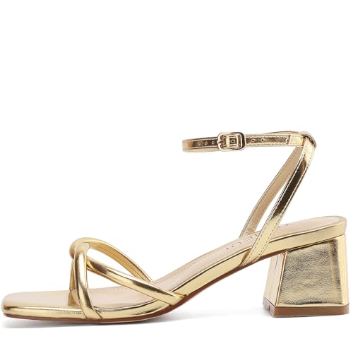 Image of TEAIEUI Chunky Heels for Women, Square Open Toe Heeled Sandals, Strappy Ankle Strap Shoes for Dress, Party, Prom, Block Low Heel 2 inch