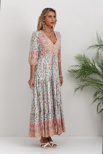 Image of Women Short Sleeve V Neck Floral Print Casual Bohemian Maxi Dresses