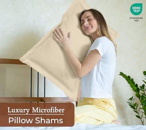 Image of Royale Linens Pillow Shams 2 Pack King Size 20x36 Inch - Brushed 1800 Microfiber - Bed Pillow Shams, Wrinkle Resistant Super Soft and Cozy - Back Overlap Closure - Oxford Pillowcase (King, Sand)