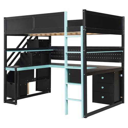 Image of Harper & Bright Designs Full Size Loft Bed with Desk and Storage Stairs, Shelves & Pegboard, Wooden Gaming Loft Bed Frame for Teens Adults Kids, Black+Blue