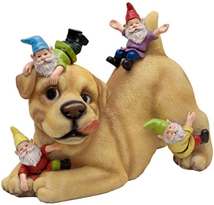 TERESA'S COLLECTIONS Dog and Gnome Garden Sculptures & Statues Outdoor, Funny Gnomes Garden Art Outdoor Decor Garden Gift Garden Decor for Outside Lawn Yard Patio Home Decoration 9 inch