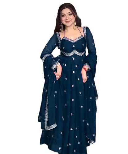ONPEAK Women Traditional Embroidered Anarkali Suit Set Ethnic Festive Kurti Pant Dupatta Wear Blue XL