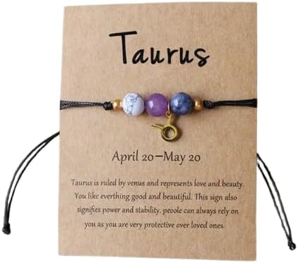 Handmade Zodiac Pendant Bracelet with Natural Imperial Stone, Amethyst & Aquamarine, Vintage-Inspired Fashion Accessory for Women, Includes Blessing Card, Twelve Zodiac Signs