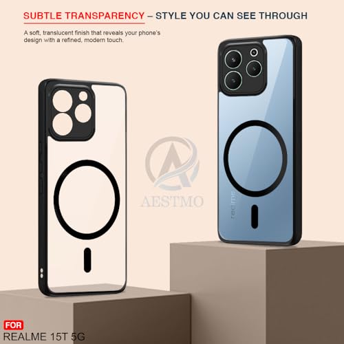 Image of AESTMO Realme 15T 5G Back Cover | 360 Protection | Crystal Clear Hard Back Transparent | Compatible with MagSafe Accessories (PC+TPU, Black Bumper)