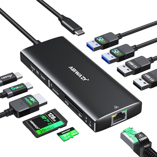 Image of USB C Hub Multiport Adapter, ABIWAZY 10 in 1 USBC to Ethernet Adapter | HDMI 4K@60Hz, Ethernet Gigabit, 100W PD, USB-C Data Port and SD /TF Slot for MacBook Pro /Air, Dell XPS, iPad Pro, USB-C Laptop