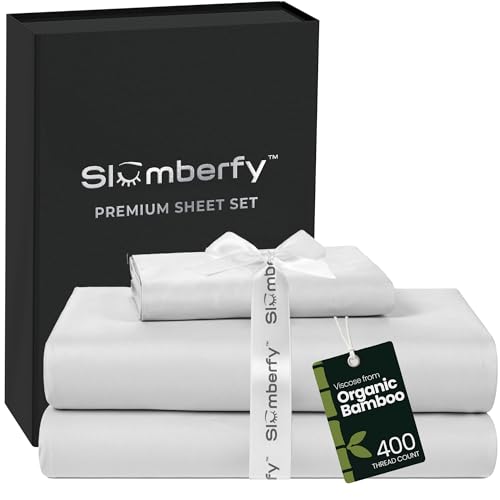 Image of Slumberfy 3-Piece 400 TC Viscose Derived from Bamboo Sheets, Twin Size - 1 Fitted, 1 Flat, 1 Pillow Case - Deep Pocket Cooling Viscose-Bamboo Bed Sheets in Magnetic Closure Gift Box, White