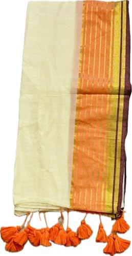 Image of Women's Mul Cotton Saree with Tassels | Soft Mulmul Saree | Woven Stripes & Zari Line | 5.5 Metres - Without Blouse