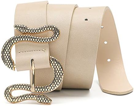 MORELESS Designer Belts for Jeans Women Leather Belt with Snake Buckle Beige Large