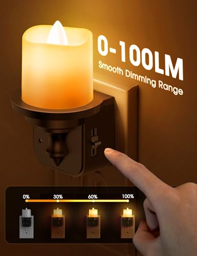 Image of Briignite Flameless Candle Night Lights, Amber Plug-in 2 Pack, LED Candle with Light Sensor, 0-100LM Dimmable, Kids Hallway Bathroom Nightlight