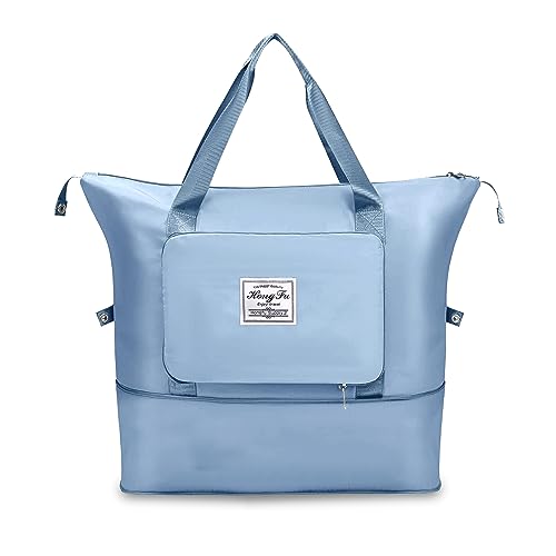 NISUN Nylon 40 Cm Foldable Travel Duffel Bag For Women , Expandable Travel Duffle Shoulder Bag Lightweight Waterproof Carry Luggage Bag with Wet Pocket & Shoe Compartment (Blue,40 x 23 X 42 CM)