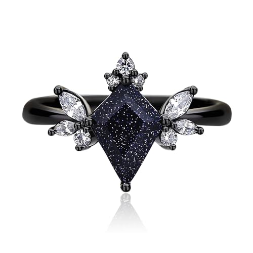Unique Butterfly Promise Ring - Galaxy-Themed Eternity Band Rings for Women, Black Vintage Engagement Rings for Her with a 7x10 Kite Shaped Blue Sandstone
