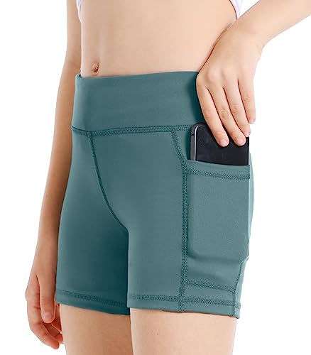 Dizoboee Girls Volleyball Shorts Youth Spandex Gymnastics Bike Shorts With Pockets Viridian Green L #TOP1
