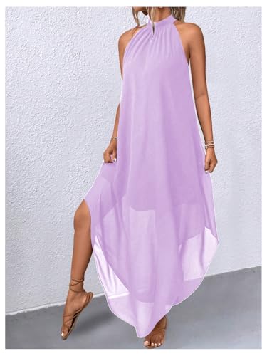 Image of Verdusa Women's Wedding Guest Dress Halter Flowy Chiffon Long Dresses | Cocktail Dress, Asymmetrical Dress for Women, Sleeveless, Prom Dress, Cruise Outfits, Boho