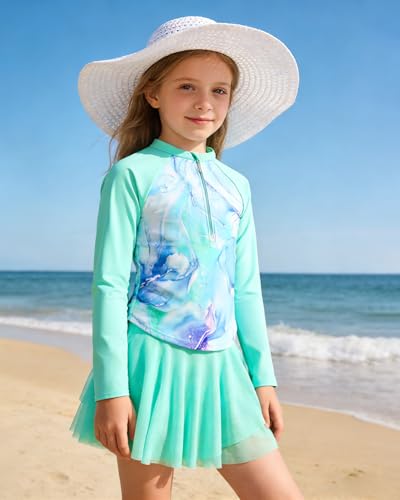 Image of Girls Rash Guard Swimsuit Long Sleeve Bathing Suits with Swim Skirt Shorts Two Piece Sun Protection Swimwear for 3-12 Years