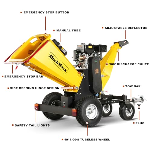 MechMaxx 6 inch ZONSEN 420cc 15hp E-Start Gas Powered 4-Wheels Wood Chipper Shredder Mulcher with Towbar/Tail Light/Emergency Stop Button/Stop Bar, Model B150 Yellow - Image 3