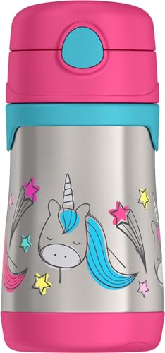 Image of Thermos Baby 10 oz. Stainless Steel Bottle with pop-up straw, Unicorns