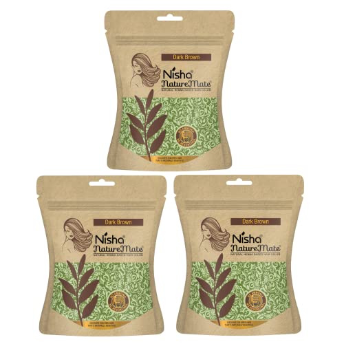 Image of Nisha Nature Mate Henna Powder for Hair Colour, Dark Brown, Permanent Hair Color, Ammonia Free, 100% Grey Coverage, Herbal Hair Dye with Amla, Shikakai, Hibiscus & Aloe Vera (45g Pack of 3)