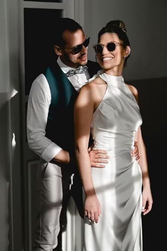 Mermaid Halter Bridesmaid Dresses Long Satin Prom Dresses Pleated Formal Evening Party Gown with Slit3