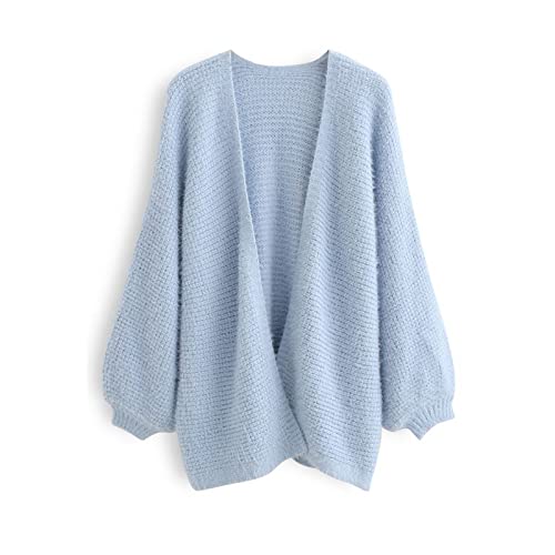 CHICWISH Women Fuzzy Open Front Waffle Knit Cardigan Long Lantern