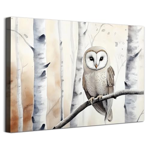 Abstract Owl Wall Art Watercolor Birch Tree Painting Wild Bird Canvas Abstract Owl Picture Forest An
