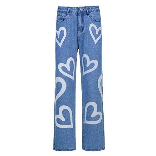 Women Patchwork Pants High Waist Slim Bootcut Denim Jeans Y2K Vintage Pencil Trousers Fashion Streetwear(Heart A, S) #TOP4