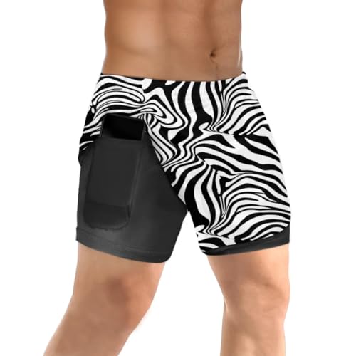 Men's 2 in 1 Running Short Zebra Stripes Print Gym Athletic Sport Shorts for Men with Liner Phone Pockets, S