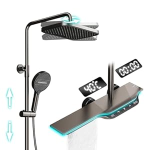 Thermostatic Shower System, Shower Faucet Set with LED Display Wall-mounted Shower Head Set Adjustable Height and Angle 3 Functions Shower Faucets with Waterfall Bathtub Faucet (Gun Gray A)