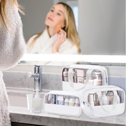 Image of KBS Toiletry Kit Cosmetic Makeup Storage Organizer Clear Styilish Wash Bag Pouch Set of 3 for Travel Luggage Transparent with Metal Zipper Gift for Men Women Girls (Cream)