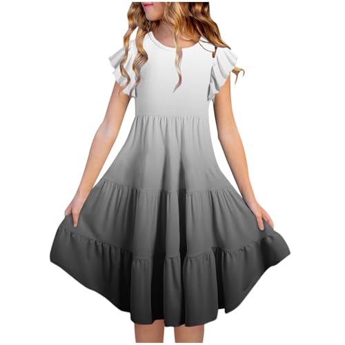 Vestido de verano para niñas de 4 a 13 años, manga con volantes, escalonado, talla grande, acampanado, para escuela, playa, vestido de verano, casual, holgado, ropa de vacaciones para niños, 1 negro