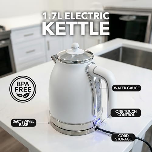 Image of OVENTE 1.7L Stainless Steel Electric Kettle, 1500W Power, White KS777W | Fast Boiling Heater, BPA Free, Cordless Body Design, Auto Shut-Off, Boil-Dry Protection, Indicator Light and Removable Filter