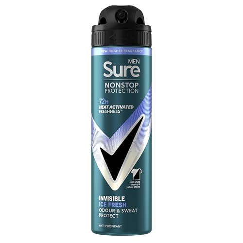 Sure Men Nonstop Protection Invisible Ice Fresh Anti-Perspirant Aerosol Men's Deodorant Spray with Body Heat Activated technology that leaves no marks for 72 hour odour and sweat protection 150 ml