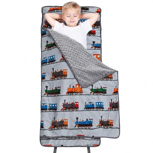 Image of Viviland Toddler Nap Mat with Pillow and Minky Blanket,Rolled Large Sleeping Mat for Boys,Kids Slumber Bag Nap Mat for Preschool, Daycare, Kindergarten, Travel Camping - Train Magic