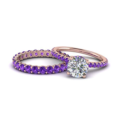 Image of Choose Your Gemstone Hidden Halo Diamond CZ Ring with Gemstone Band Rose Gold Plated Round Shape Wedding Ring Sets Minimal Modern Design Birthday Gift Wedding Gift US Size 4 to 12