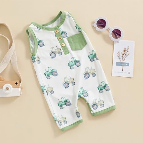 Infant Baby Boy Clothes Summer Sleeveless Tank Romper Tractor Animal Jumpsuit Button Pocket One Piece Outfits3