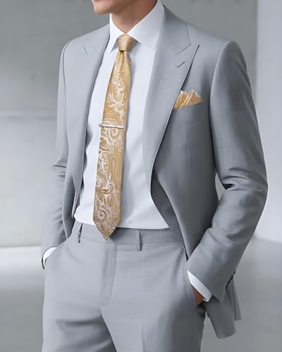 Image of DiBanGu Silk Floral Ties for Men Woven Paisley Necktie and Tie Clip Handkerchief Cufflinks Set for Party Wedding