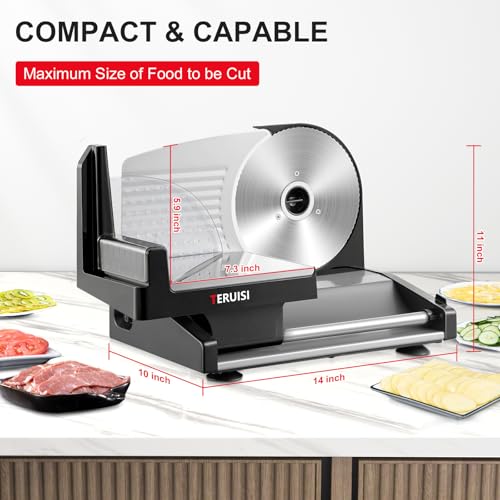 TERUISI Meat Slicer, 200W Electric Deli Food Slicer with 2 Removable 7.5'' Stainless Steel Blades and Tray, 0-15mm Adjustable Thickness For Home Use, Easy to Clean, Cuts Meat, Bread and Cheese