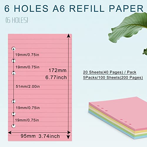 A6 Colorful Refill Paper, [5 Colors] Toplive 100Gsm Thick Refillable Paper 6 Hole Filler Inserts Loose Leaf Paper 100 Sheets (200 Pages) For 6 Ring Binder Journal Notebook #TOP1