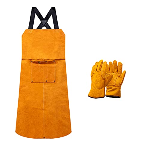 Sawakaze Heavy Duty Cowhide Welding Apron with Gloves, Blacksmith Apron with 2 Tool Pockets, Heat & Flame Resistant Woodworking Workshop Apron, 24