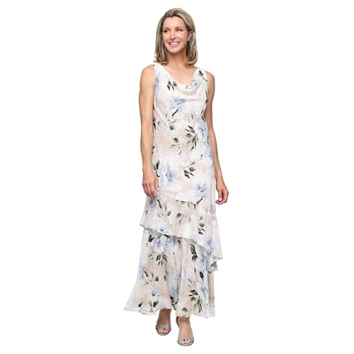 Image of Alex Evenings Women's Formal Sleeveless Cowl Neck Floral Print Gown with Shawl, Wedding Guest, Mother of The Bride Dress