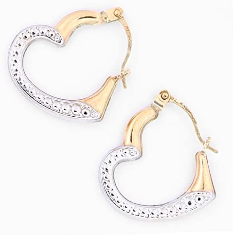 9ct Yellow and White Gold Womens Earrings  Thick Heart Hoop Earrings - by Elegano