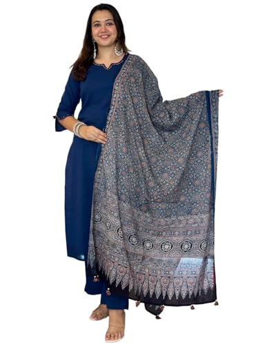 Image of GoSriKi Kurta Set for Women Viscose Solid | Kurti Set for Woman | Kurta Pant Dupatta 3 Piece Outfit | Round Neck V Slit 3 /4 Sleeve Regular Fit Ethnic Dress Stylish Womens Clothing