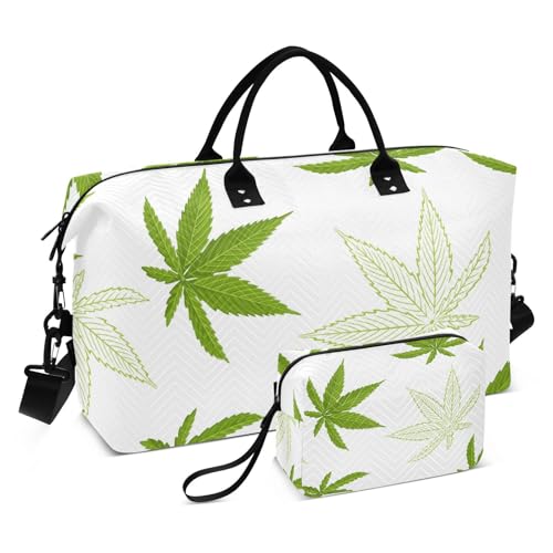 Hemp Leaves on White Duffle Bags for Women Men Waterproof Weekender Overnight Bags Hospital Bag Large Tote Bag with Toiletry Bag for Yoga Gym Travel Sport Hospital