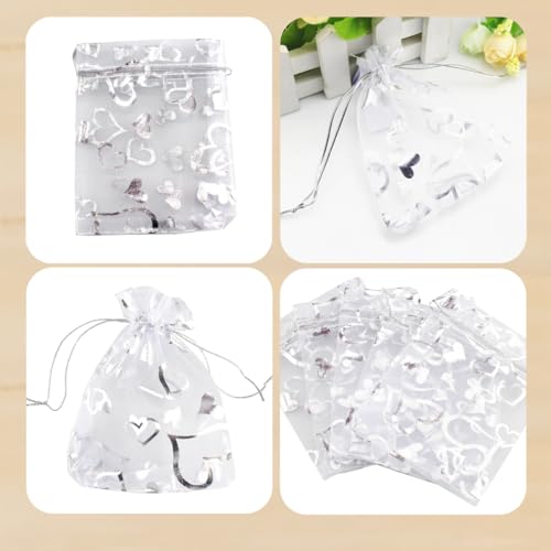 Image of 100 pcs 3.5 x 4.7 Inch Flower Heart Organza Jewelry Gift Pouch Candy Pouch Drawstring Wedding Favor Bags X92 (all white with white heart)