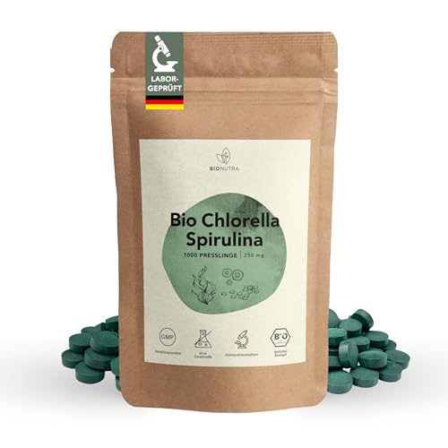 BIONUTRA Bio Spirulina Chlorella Tabletten 1000 x 250 mg, rückstandskontrolliert, nach EU-ÖKO-Standard hergestellt, vegan, laktose- & glutenfrei, ohne Zusätze, Spirulina Chlorella Presslinge Bio BIONUTRA Bio Spirulina Chlorella Tabletten 1000 x 250 mg, rückstandskontrolliert, nach EU-ÖKO-Standard hergestellt, vegan, laktose- & glutenfrei, ohne Zusätze, Spirulina Chlorella Presslinge Bio