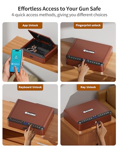 Image of BILLCONCH Gun Safe for Handgun - Biometric Pistol Safe 4 Ways Quick Access with Fingerprint /Full-digital Keypad /Key /APP Lock and Security Cable for Nightstand Bedside Home - Antique Bronze