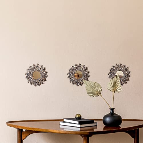 Relaxdays Set of 3 Sun Mirrors, Round, Decorative, diameter 24 cm, Wall Mount, Plastic Frame, Lounge, Bedroom & Hallway, Bronze, Glass - Image 2