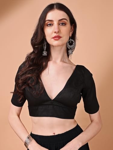 Image of Womanista Women's Dupion Silk Half Sleeve Solid V Neck Readymade Saree Blouse Stylish