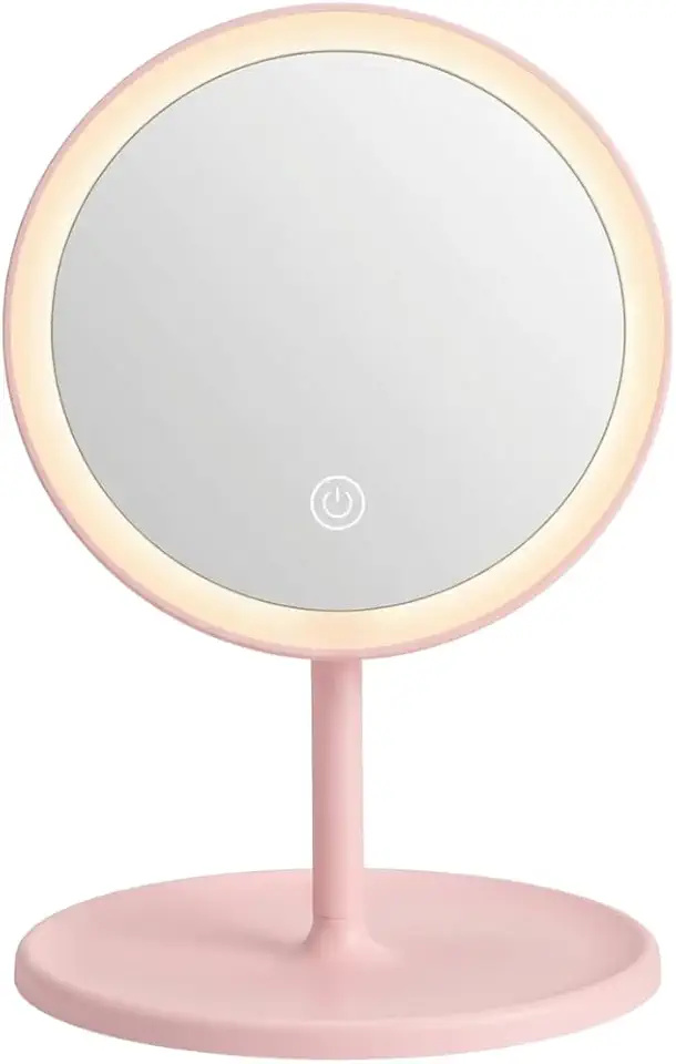 Espelho de Mesa Redondo com LED USB; 27cm x 17,5cm; Design Moderno; Luz Ajustável Maquiagem e Skincare (rosa)