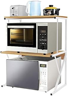 2 Tier Kitchen Countertop Microwave Oven Unit Shelving Stand Rack for Household Storage Organizer, Home Office Desktop Shelf Printer Rack Free Standing Metal Frame Wood Tabletop